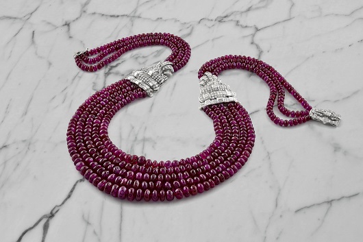 A five strand Burmese ruby and diamond necklace was the auctionâ€™s highest value sale, with 1000-cts the lot was sold for Rs. 1,70,20,000